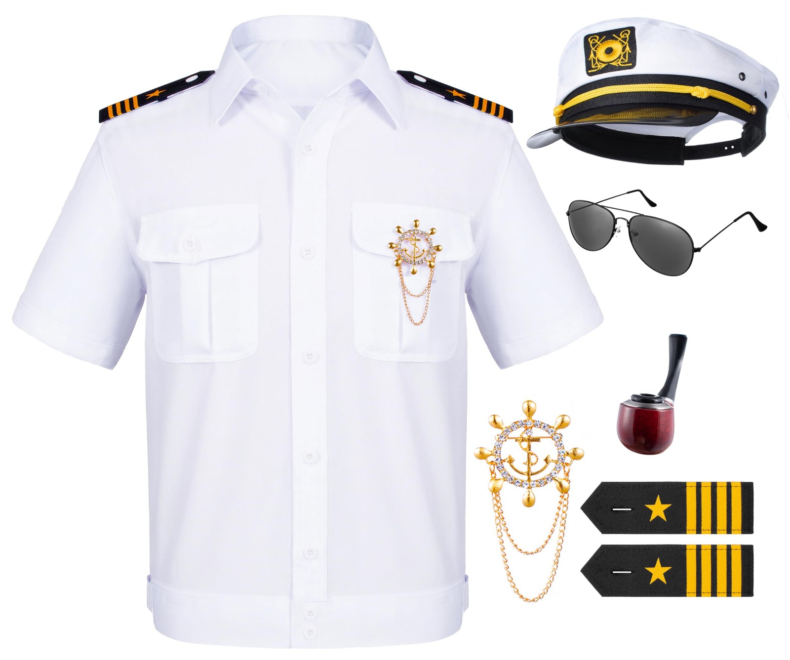 6PCS Men's Yacht Captain Sailor Costume Adult Shirt Hat Large, White