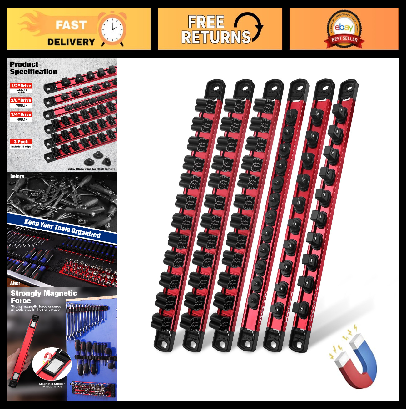 Magnetic Socket & Screwdriver Organizer Set - 6-Piece Tool Storage Solution, Met
