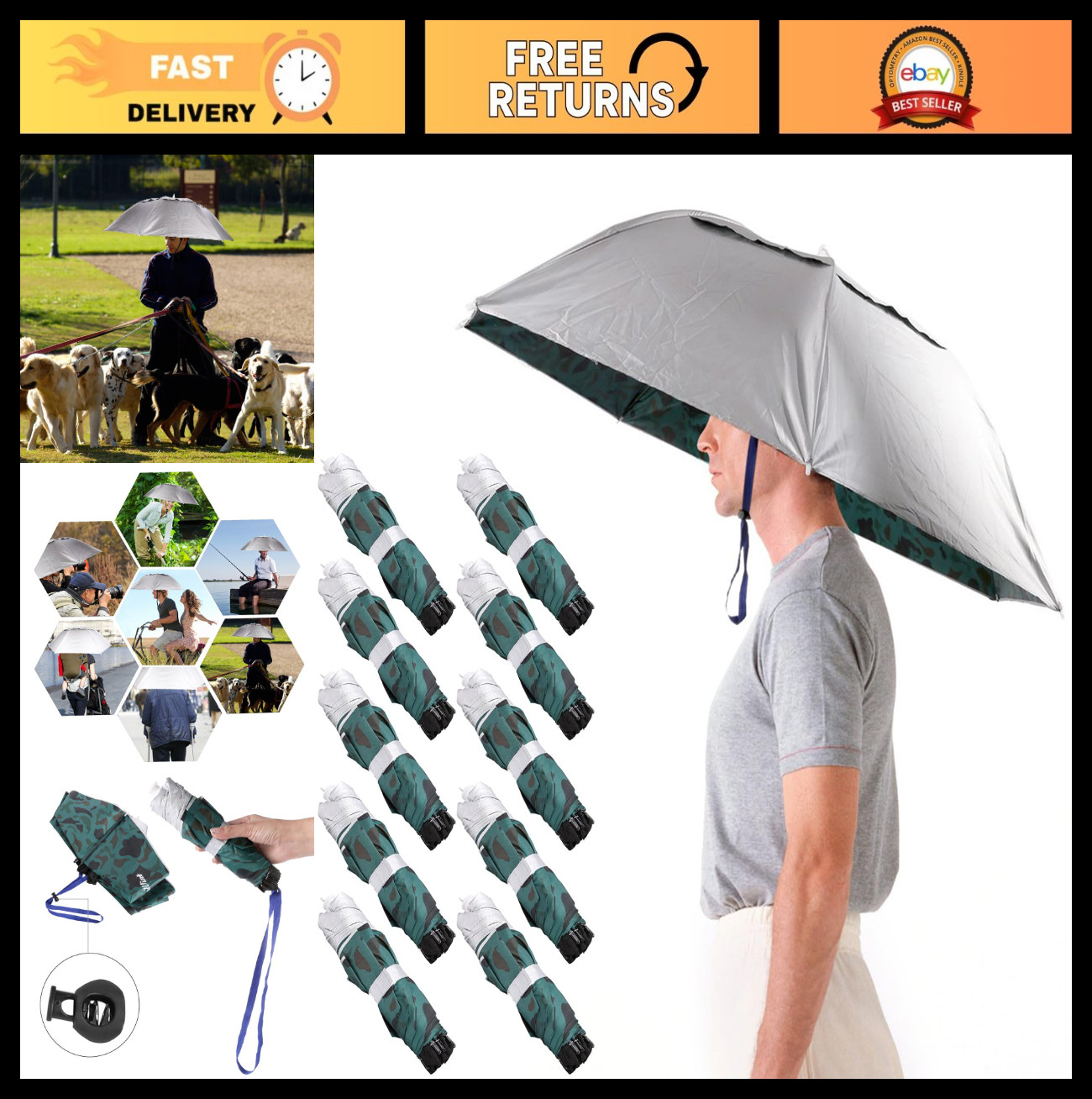 Hands-Free Umbrella Hat, 36'' Wide Brim Sun & Rain Protection, Adjustable Chin S