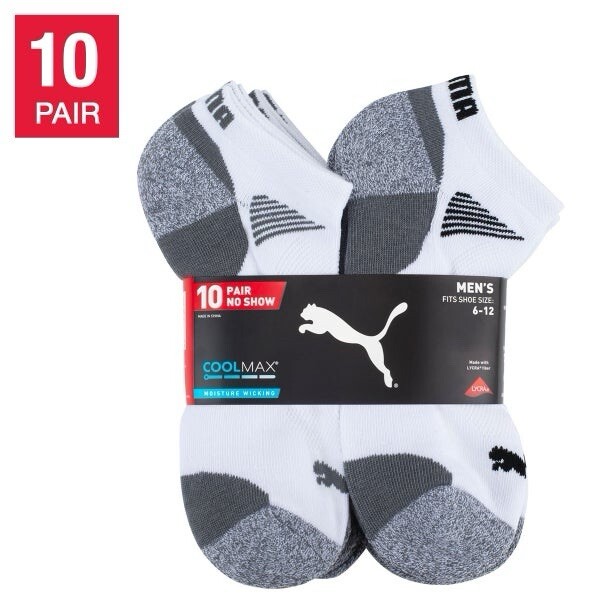 (New) 10-pair PUMA Mens' No Show Sock, choose from White or Black/Gray