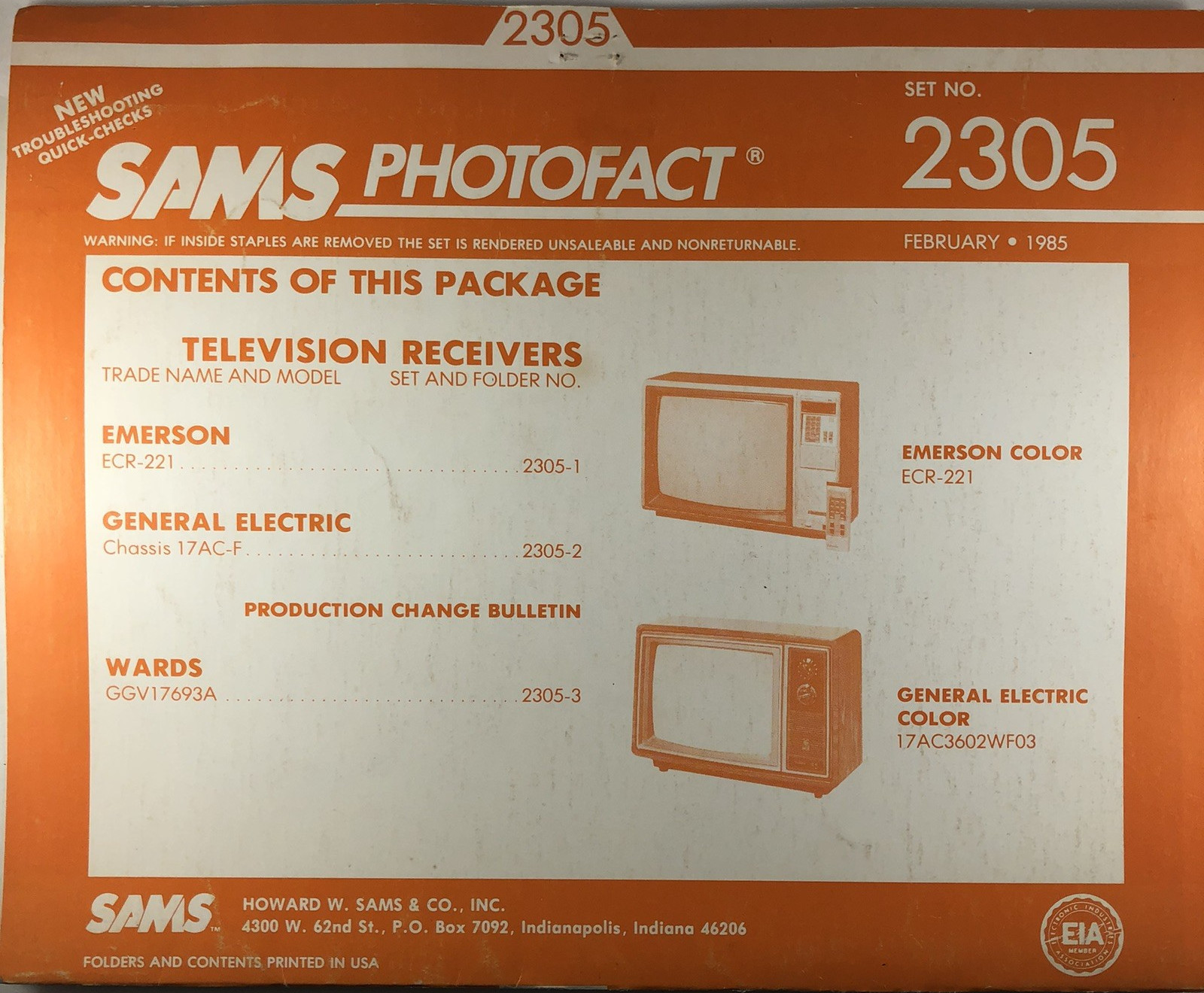 SAMS PHOTOFACT FOLDER SET NO. 2305, 1985, SCHEMATICS & SERVICE MANUALS