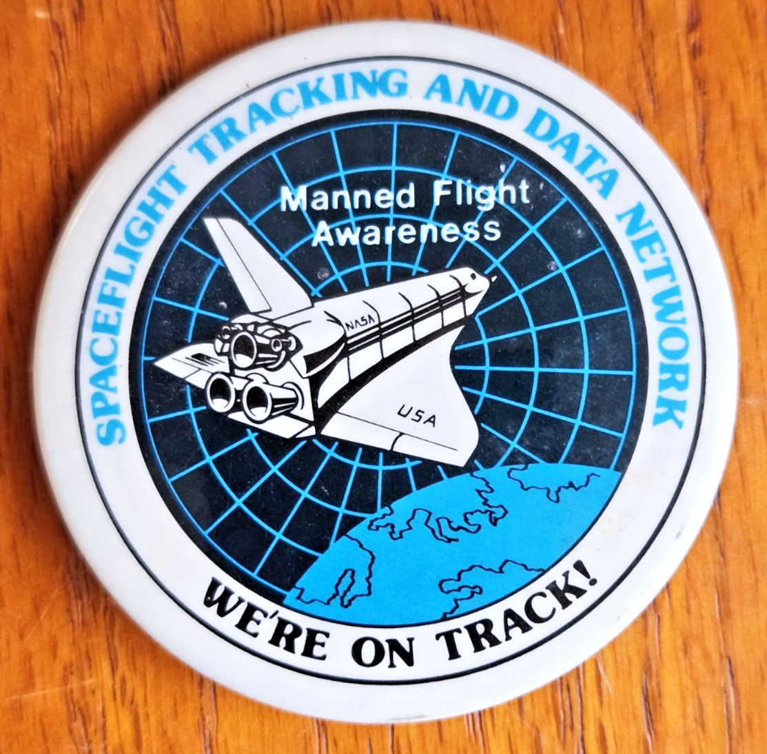 1970s NASA Shuttle Flight Awareness Pinback Button Spaceflight Tracking & Data
