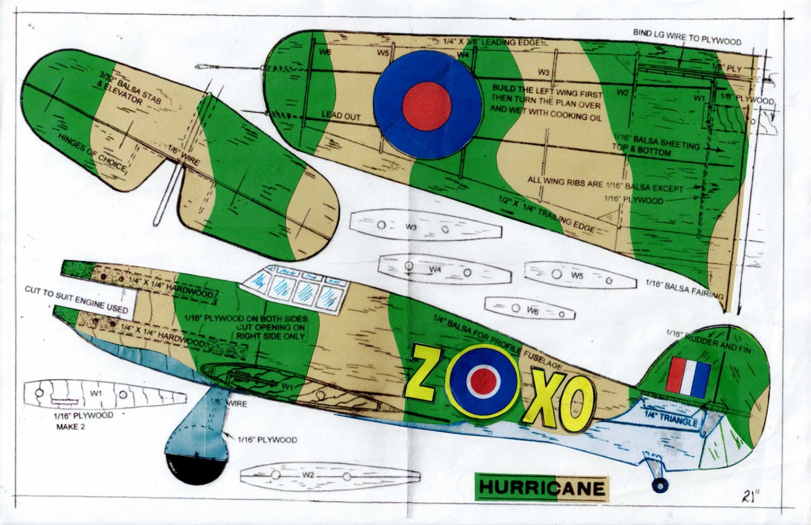 1/2 A profile British WW-II Hurricane  U-Control plans