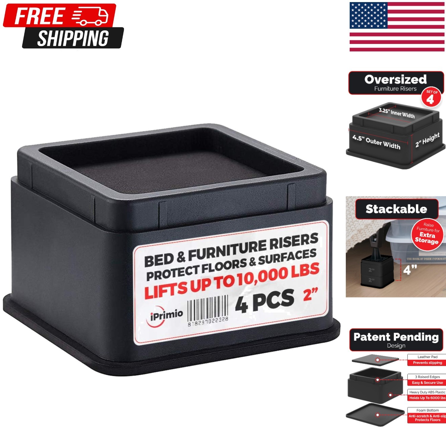 Heavy-Duty Bed Risers 2 Inch Lift - 4 Pack, Supports 10,000 lbs - Modern Design