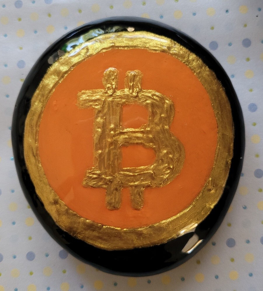 Newly Painted Rock: BITCOIN Collectible Art Garden Patio Paperweight - 3.5x 3.25