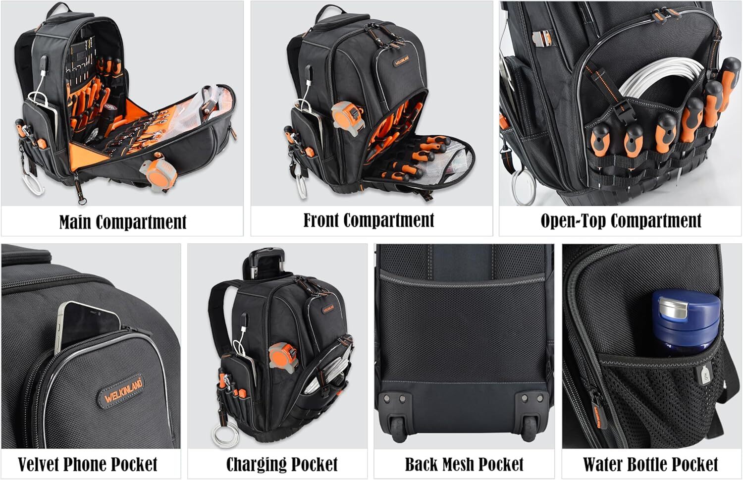 72Pockets Rolling Tool backpack, Large tool bag with wheels, Rolling Electrician