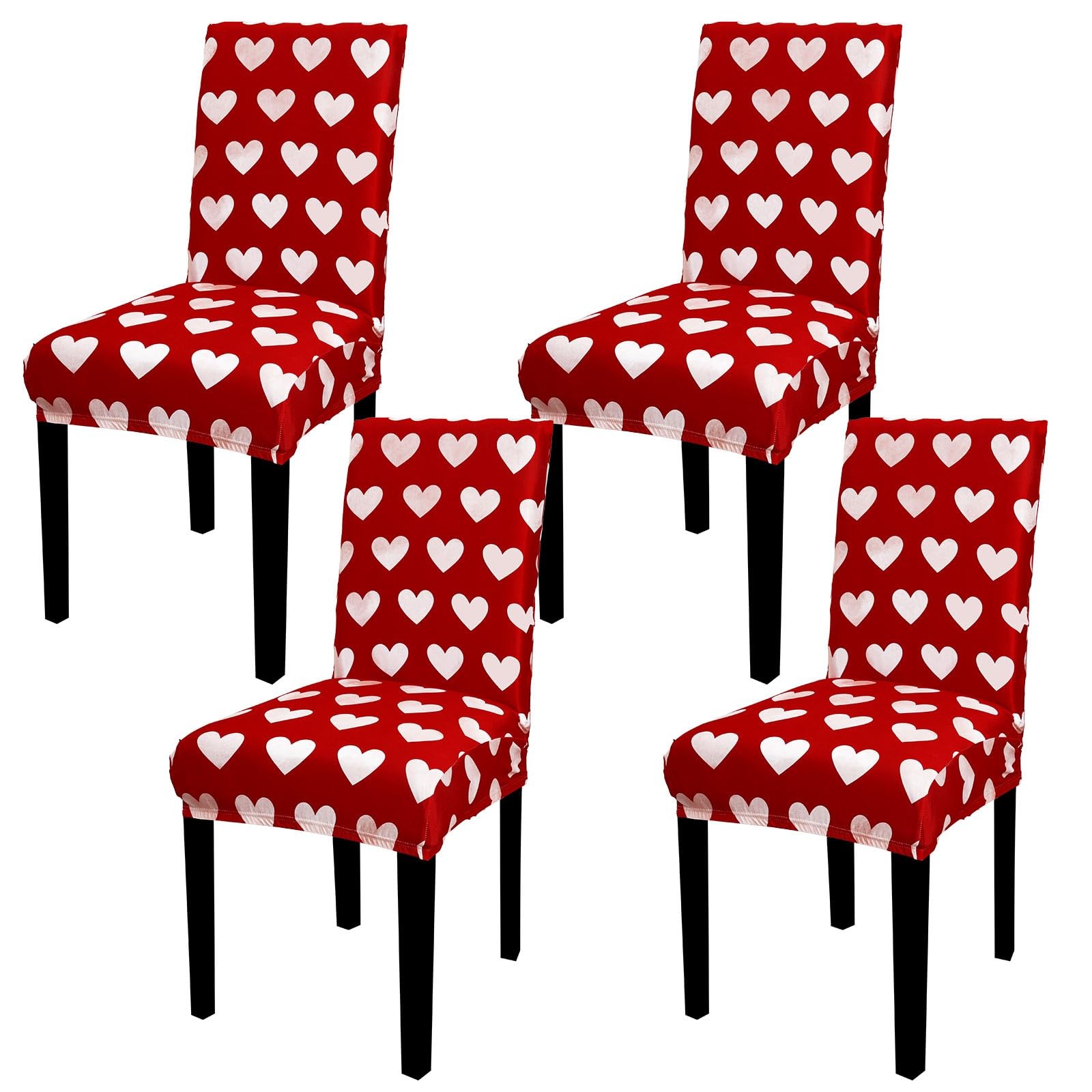 4Pcs Valentine' s Day Chair Covers Dining Chair Slipcover Red White Heart Remova