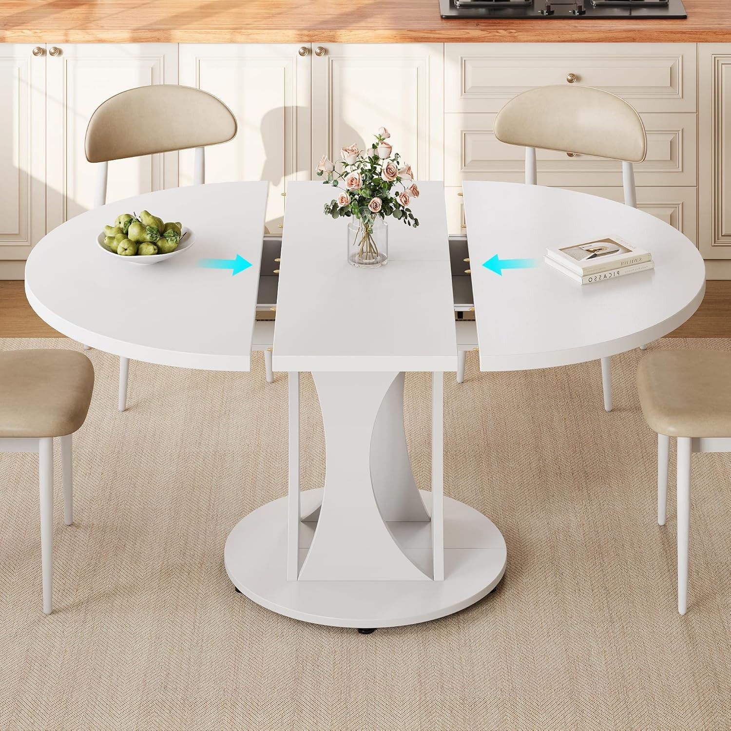 59" Extendable Round Dining Table 6-8 Kitchen Table W/ Sturdy Double Arc Base