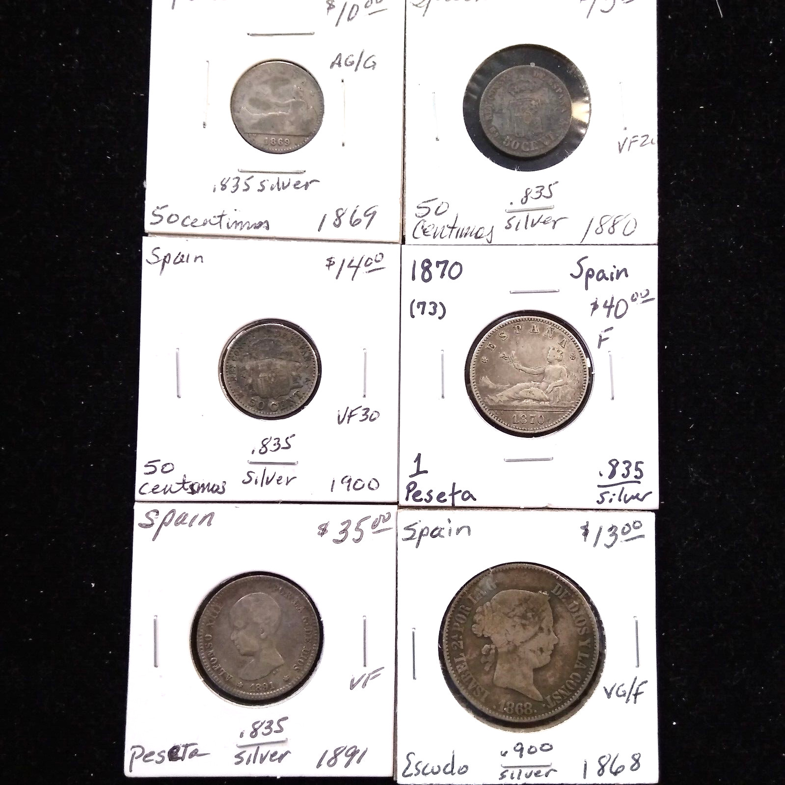 Lot of 6 Spain Mixed Denomination Silver Coins (1868-1900)