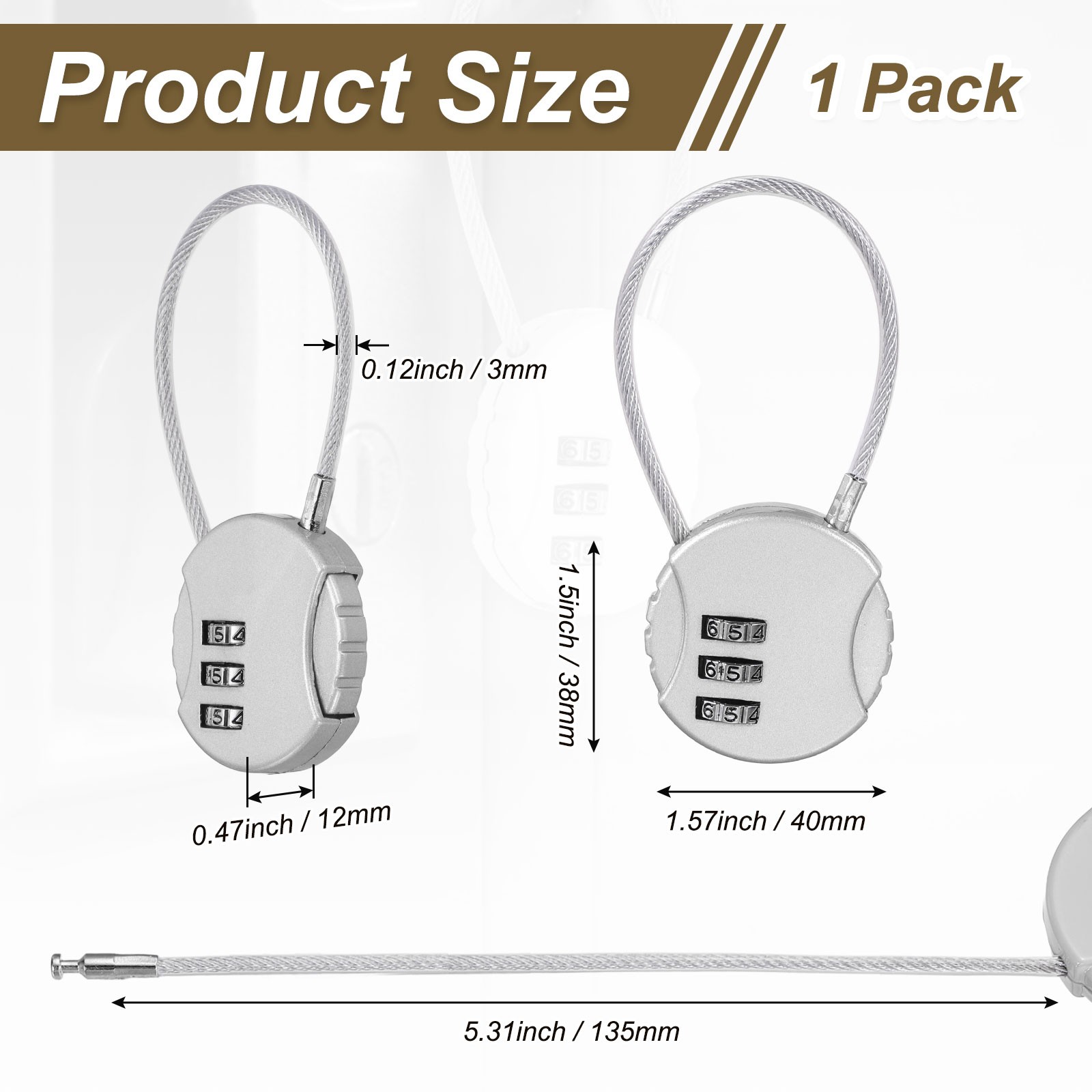 1-Pack Combination Padlock, 3 Digit Round Shaped Cable Luggage Lock [Silver]