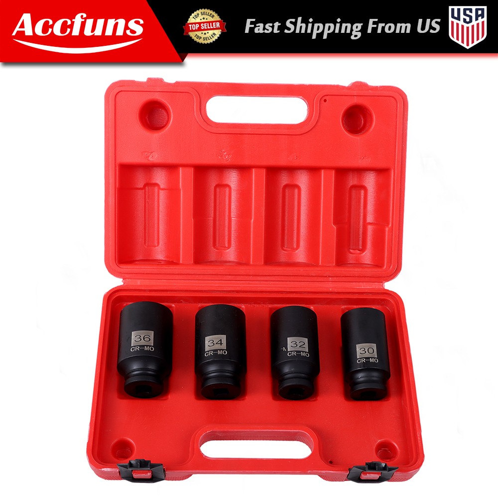 4pcs 1/2" Drive Deep Spindle Axle Nut Socket Set 30mm 32mm 34mm 36mm 12pt w/ Box
