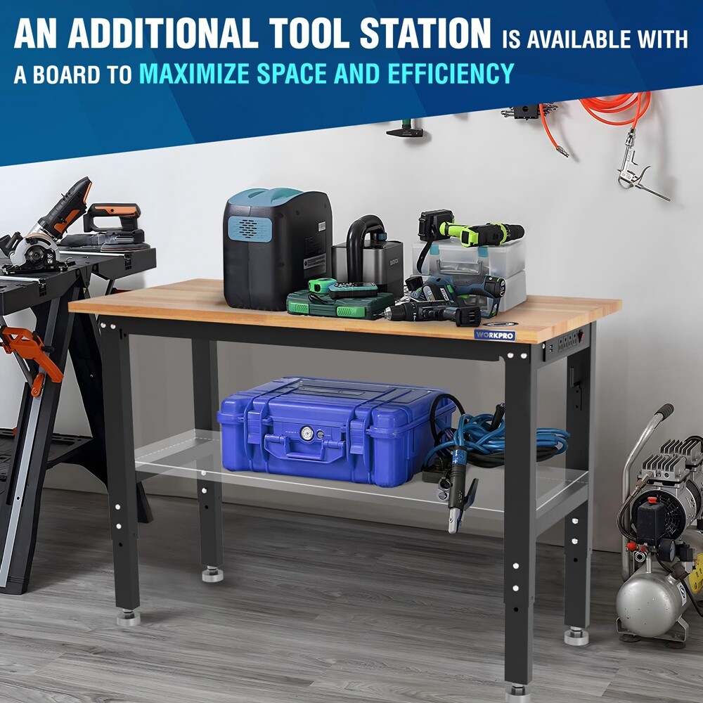 WORKPRO 48" Adjustable Height Workbench Hardwood Work Table Power Outlets 1500LB