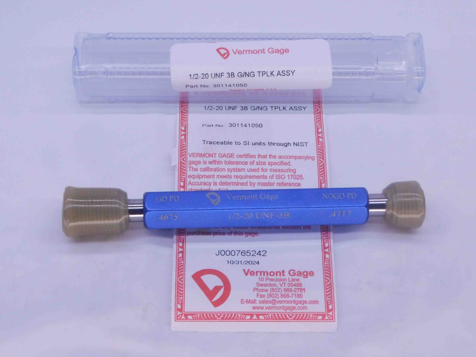 NEW 1/2 20 UNF 3B VERMONT THREAD PLUG GAGE .5 GO NO GO P.D.'S = .4675 & .4717