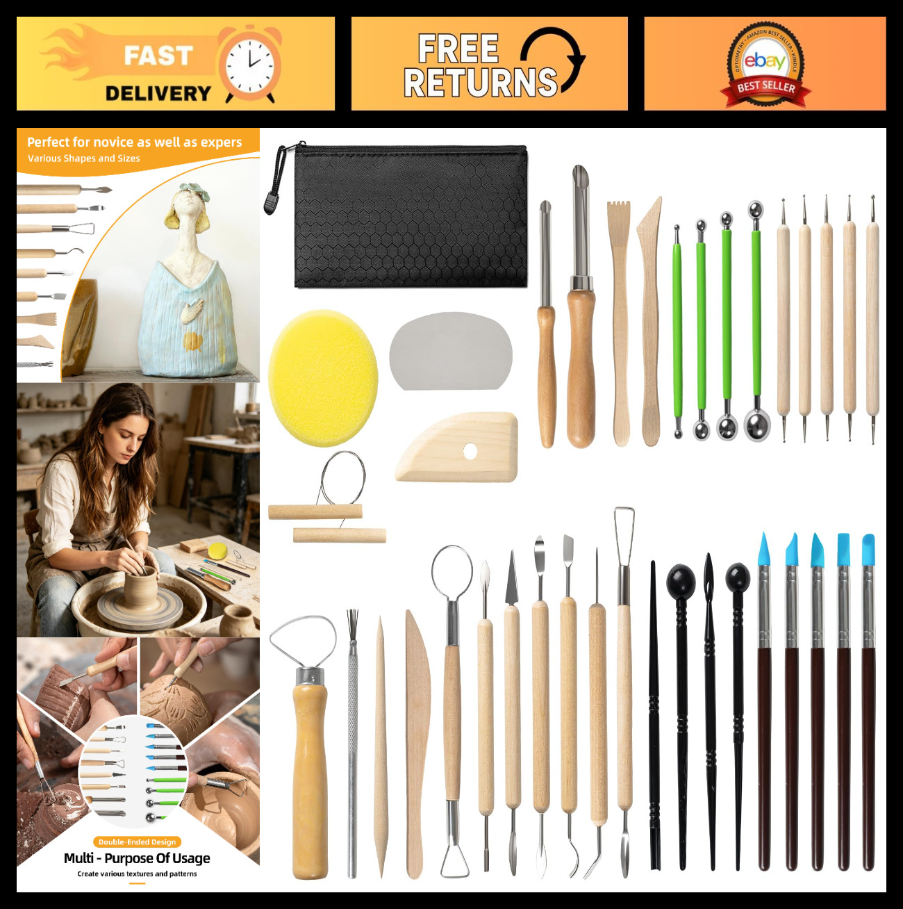38 Pcs Pottery & Air Dry Clay Tools Kit – Modeling, Carving, Shaping Set for Art