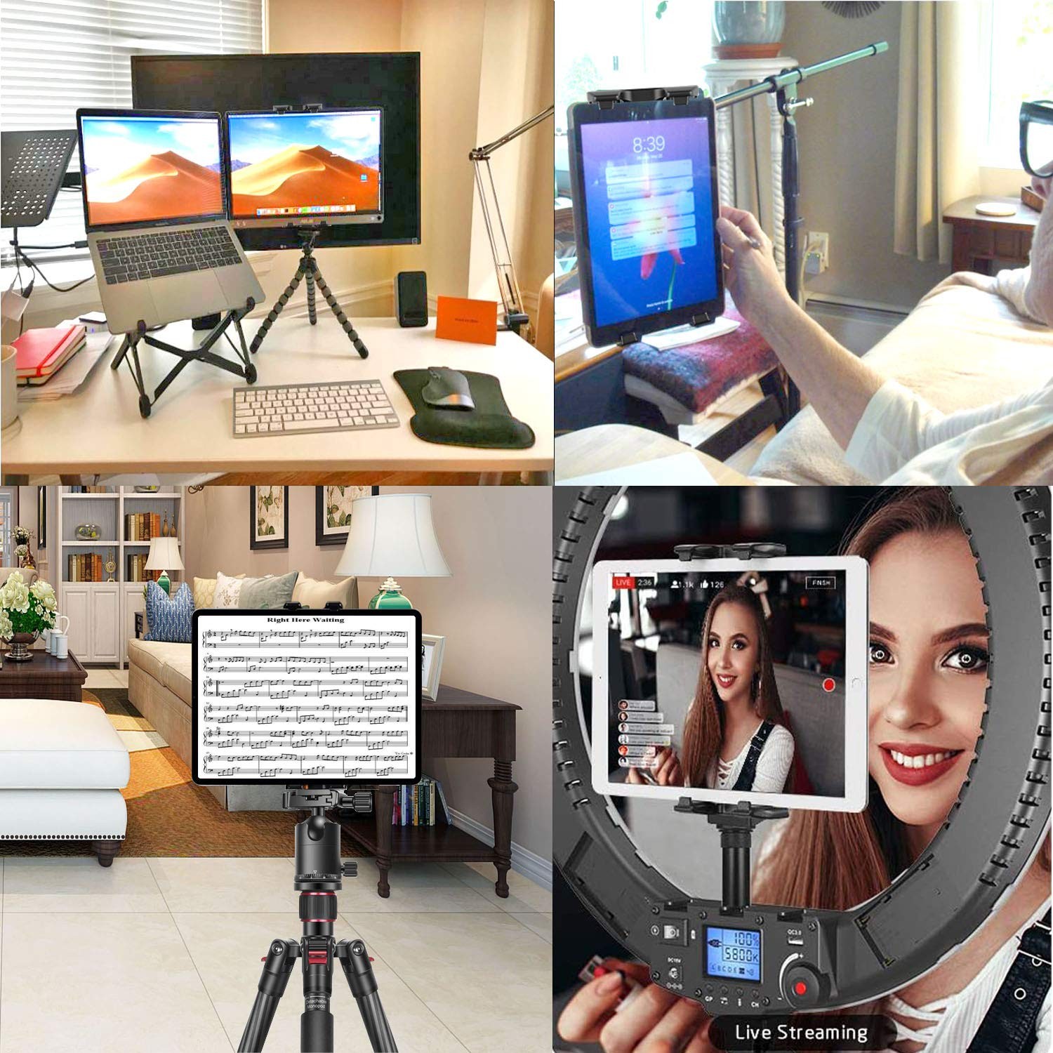 IPad Tripod Mount Adapter 360 Degree Rotatable Universal Tablet Clamp Black