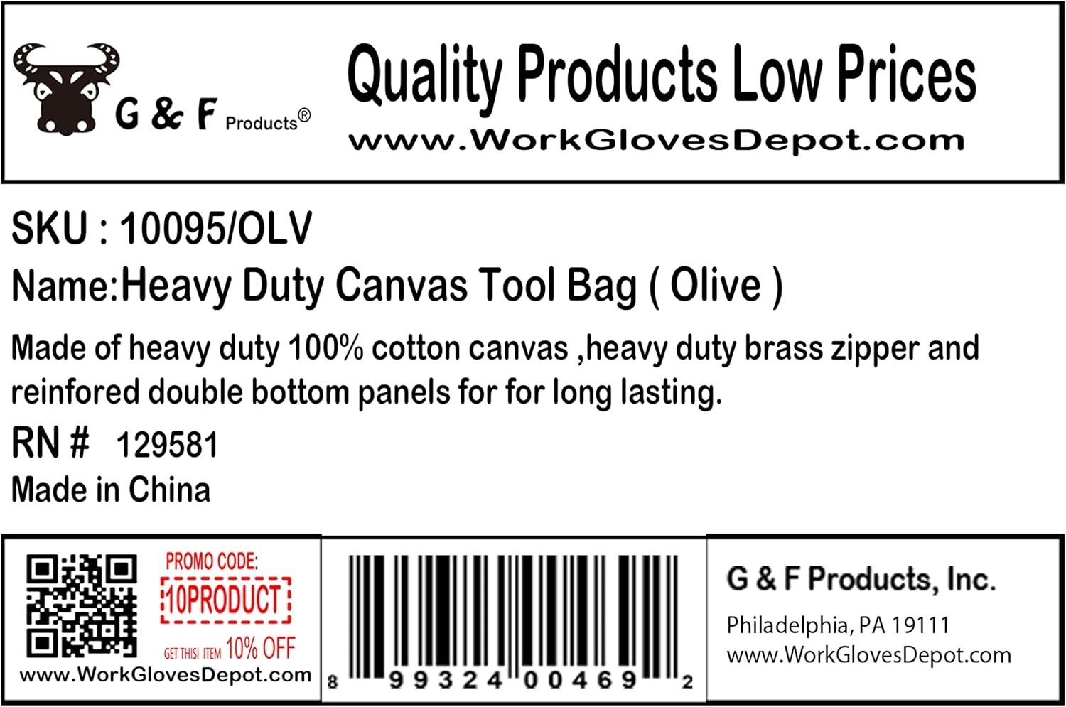 Fully Lined Water-Resistant Tool Bag - Olive Green Military Duffle Style