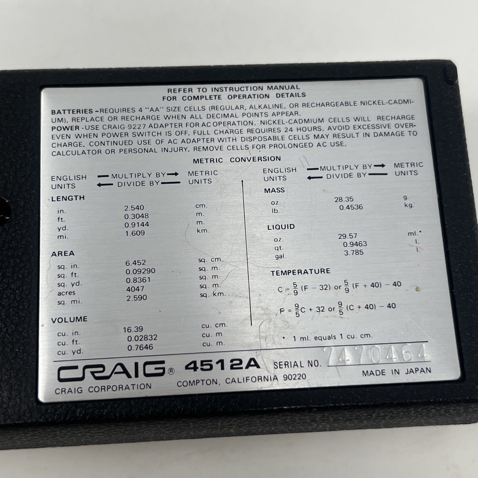 Rare Craig Engineering Calculator 4512 - Tested & Working