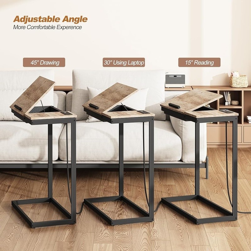 C Shaped End Table W/ Charging Station Adjustable Tilt Side Table USB Type-C