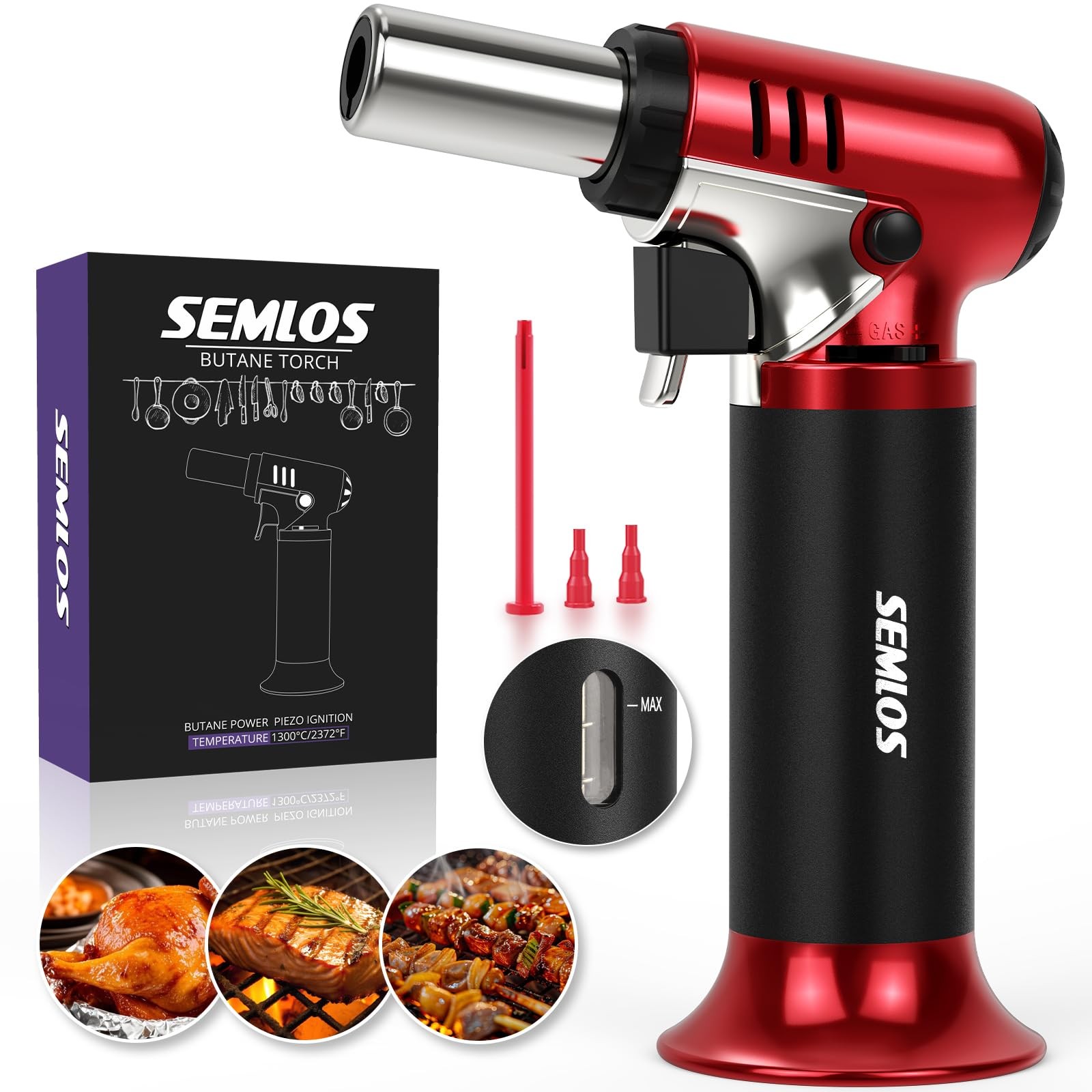 Semlos Butane Torch with Fuel Gauge, Refillable Kitchen S-907 Red