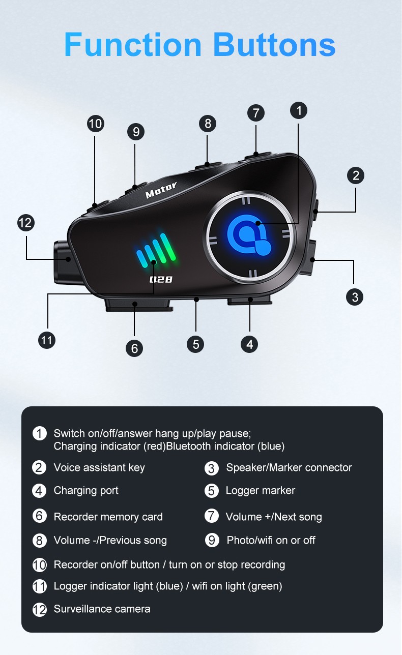Auriculares BT para casco de motocicleta cámara grabadora de conducción HD 1080P
