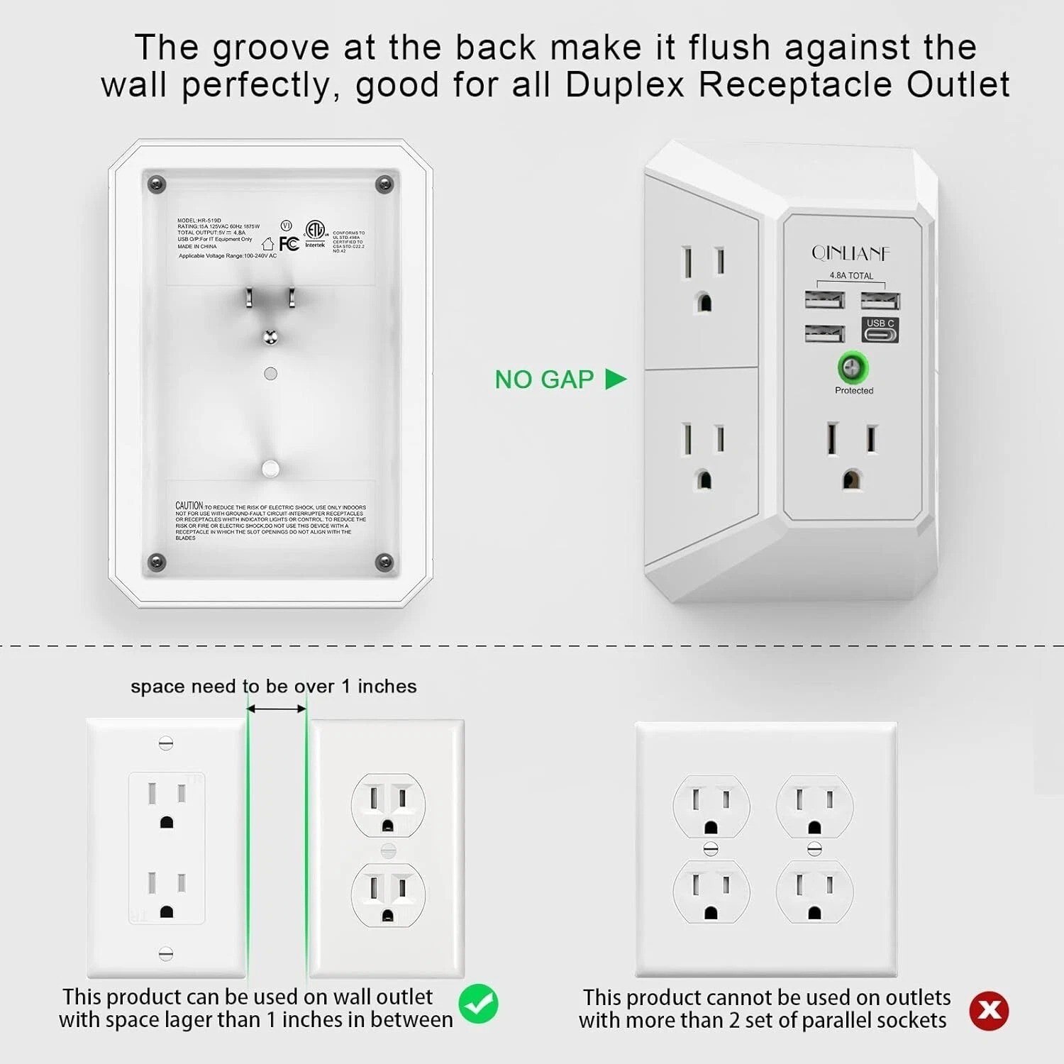 5 Outlet Extender Surge Protector Multi Plug Wall Adapter USB Charger Ports with