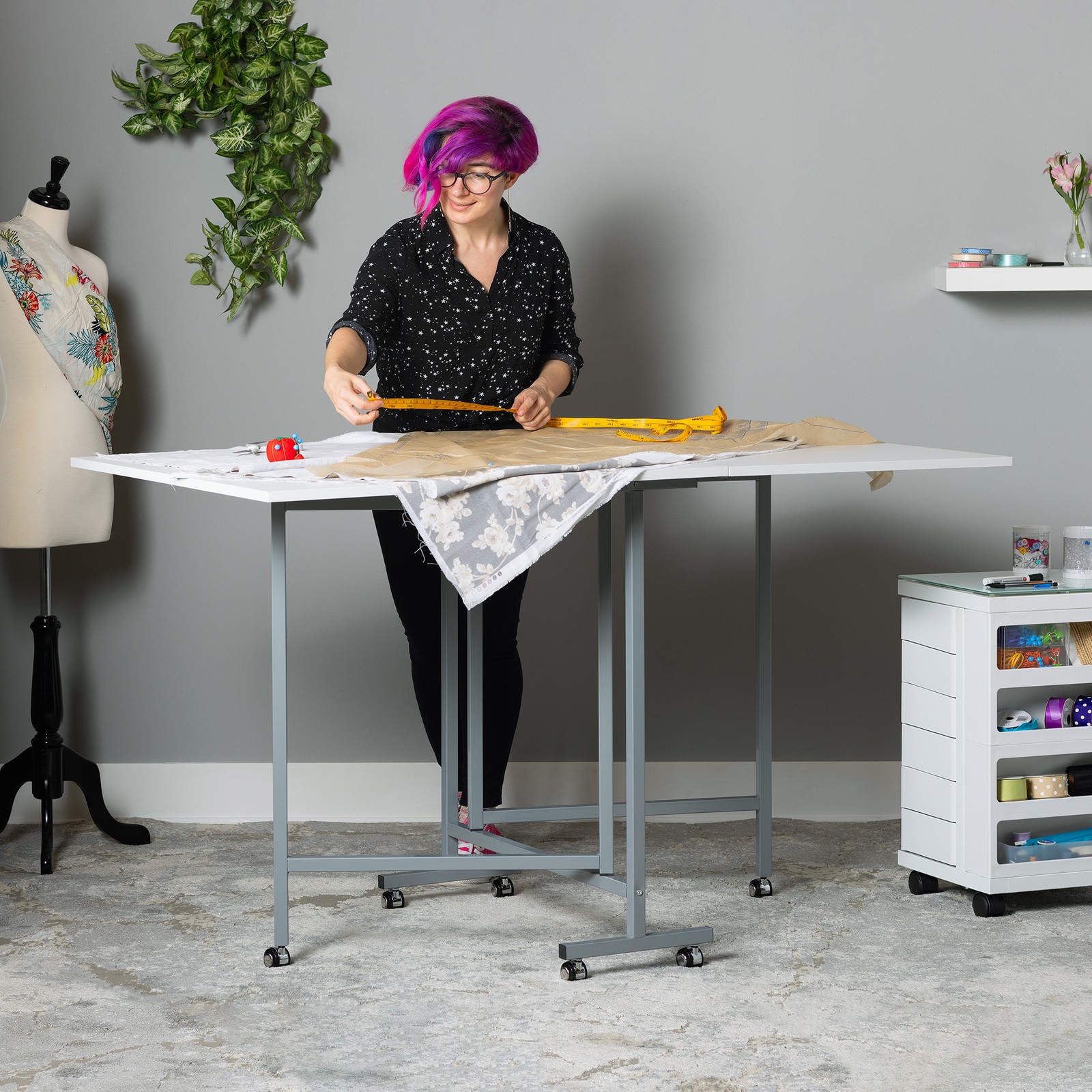 Sew Ready Folding Craft and Cutting Standing Table with Wheels, Silver/White