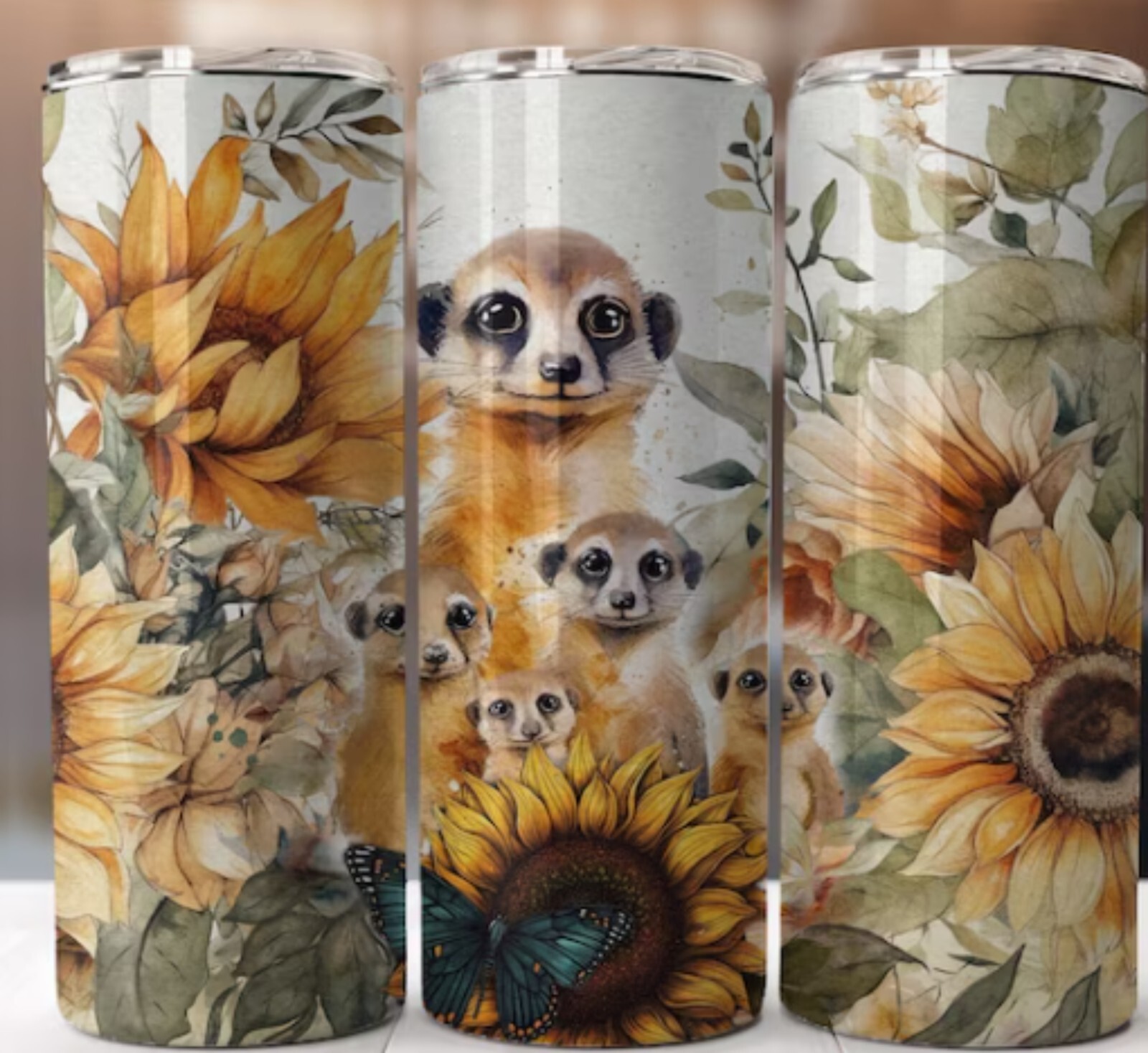 Family of Meerkats with Sunflowers 20 oz Stainless Steel Tumbler Handmade