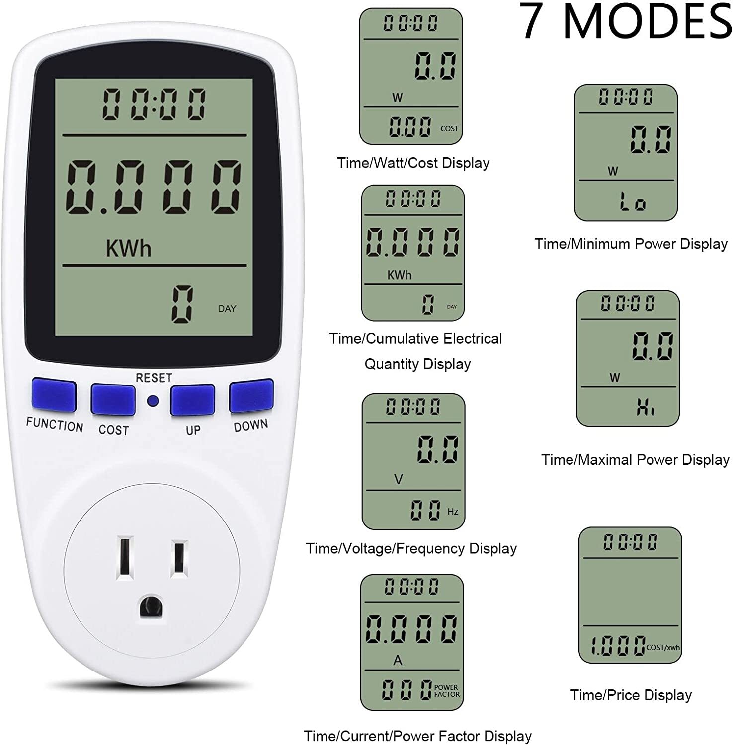 LCD Power Watt Meter US Plug 15A - 8 Modes Electricity Usage Monitor 3% Accuracy