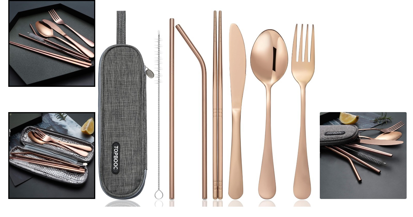 Lightweight 8-Piece Stainless Steel Cutlery Set for Camping & Travel - Rose Gold