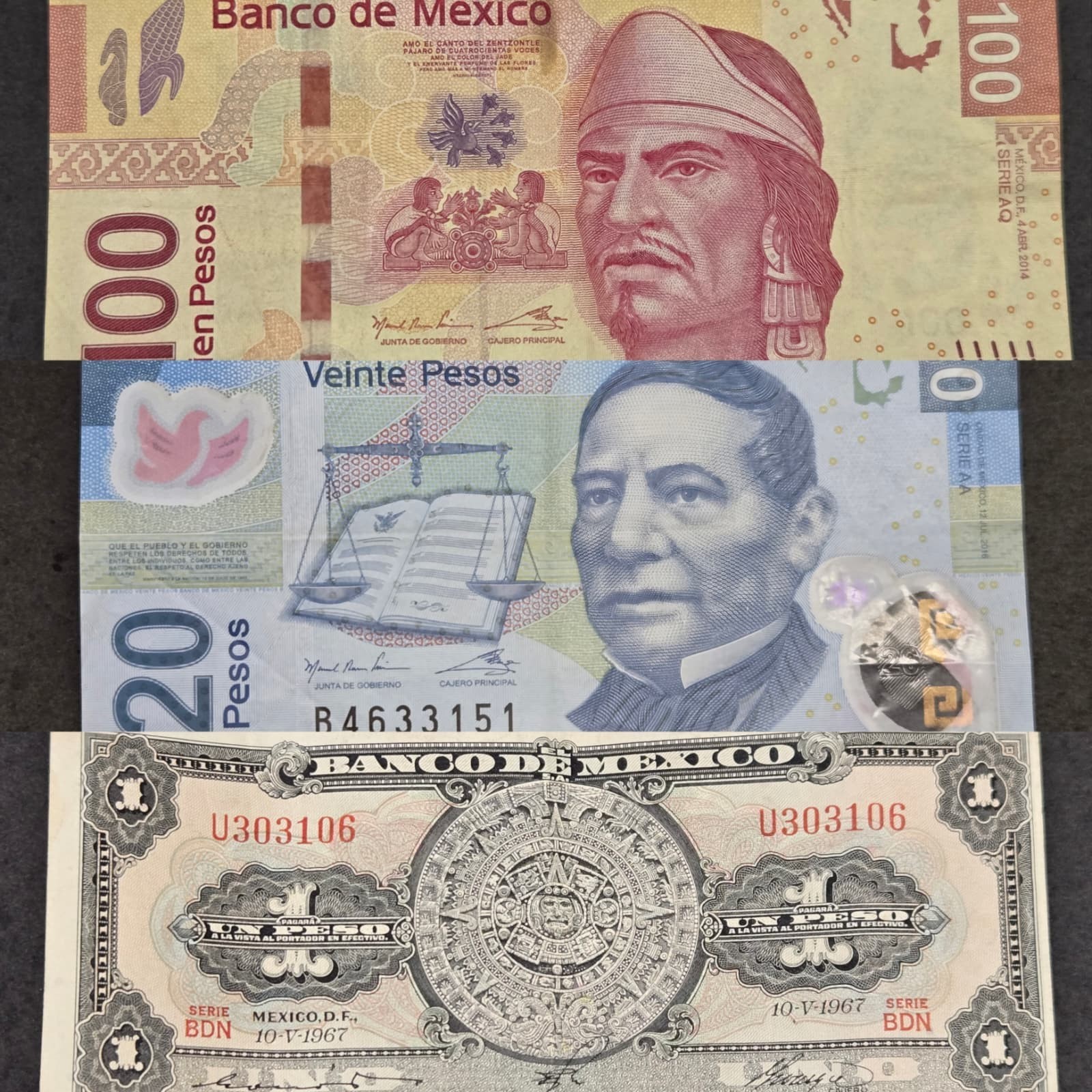 Vintage & Modern Mexico Currency Lot - 1967 1 Peso + 20 & 100 Pesos Notes