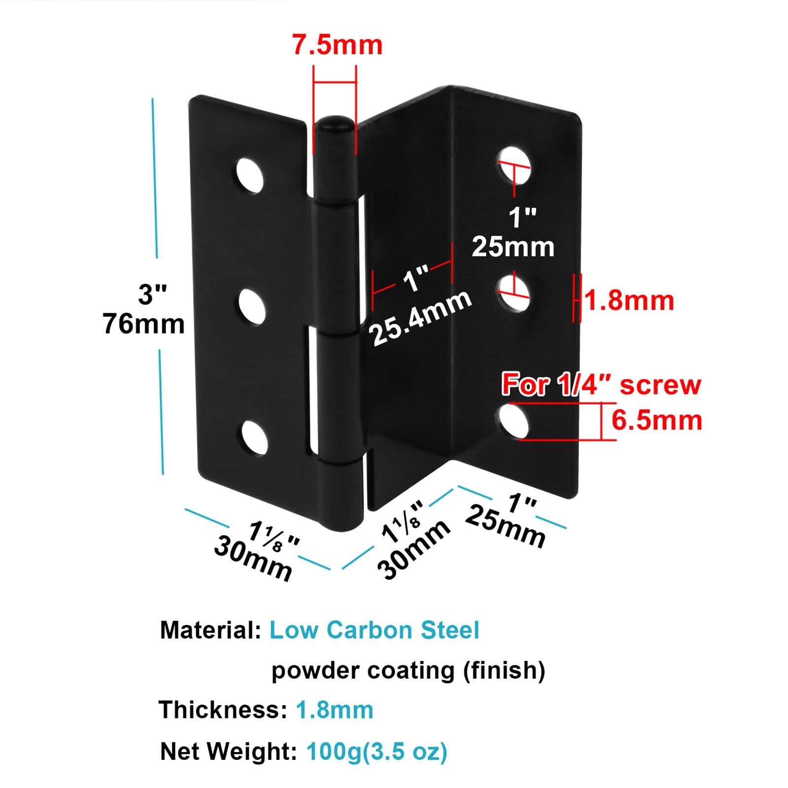 6 Pcs 3" Half-Surface Chest Hinges,Black Offset Hinge for 1" Thick Door Panel...