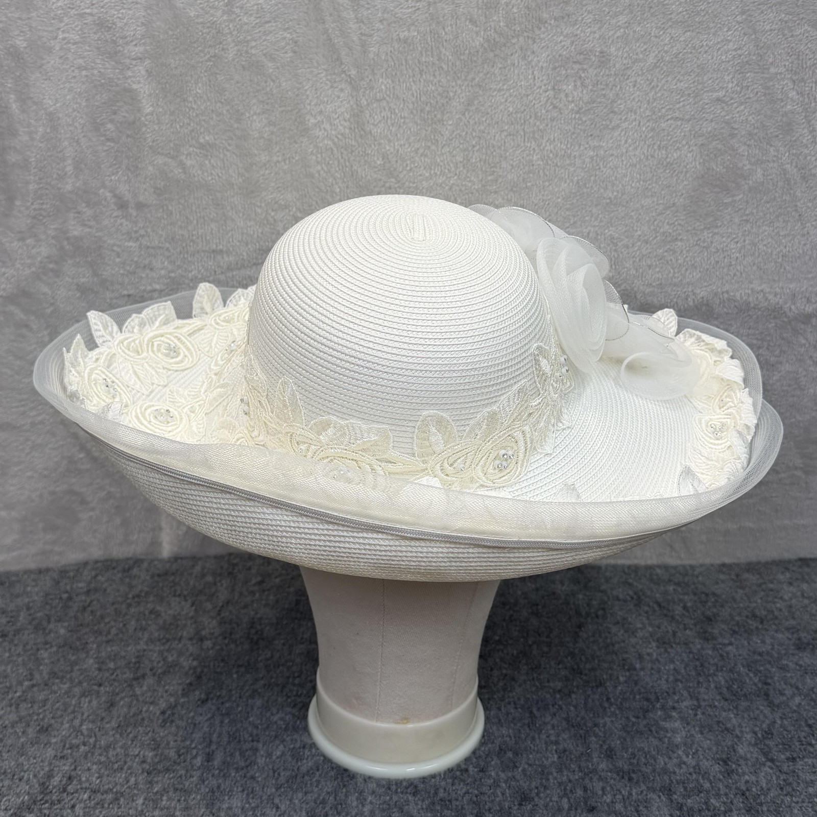 VTG Ms Divine Hat Sun Womens White Lace Embroidered Beaded Derby Wedding Church