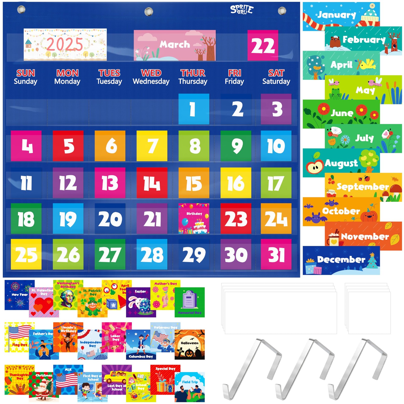 Calendar Pocket Chart Classroom Monthly Door Metal Hangers 20x19 Inch 76 PCS