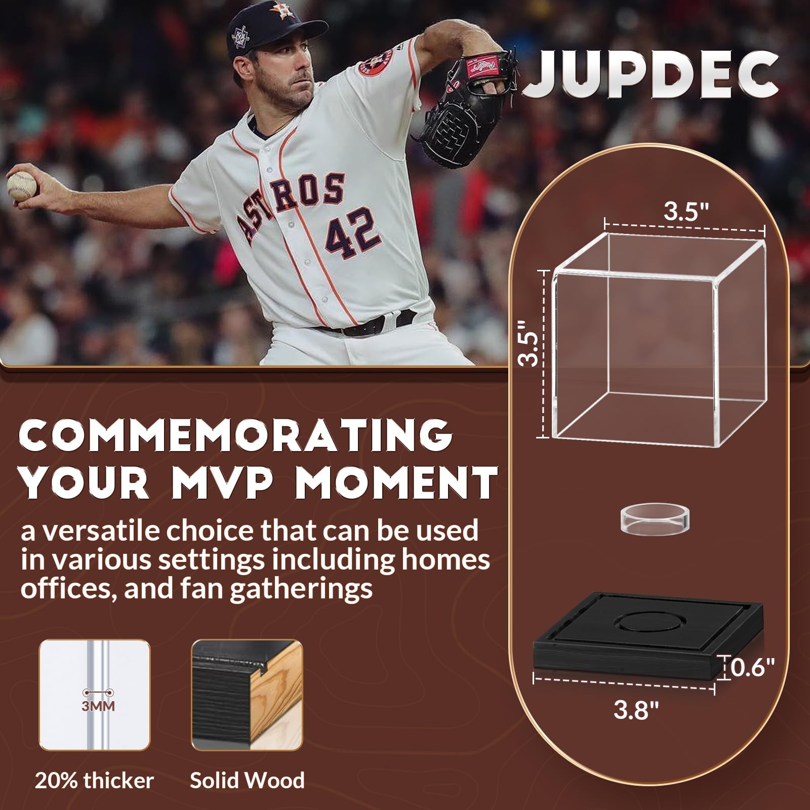 JupDec Baseball Display Case, Clear Cube Holder with 1 Pack, Black