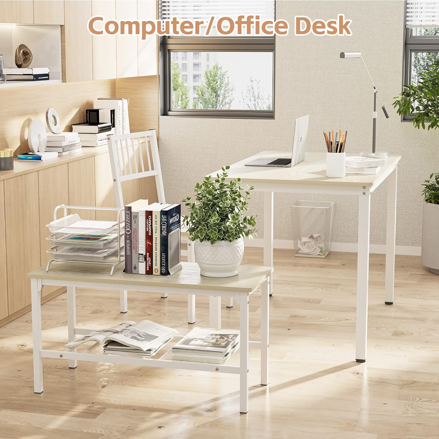 Beige 4-Piece Dining Table Set with 2 Chairs and Bench, 110CM