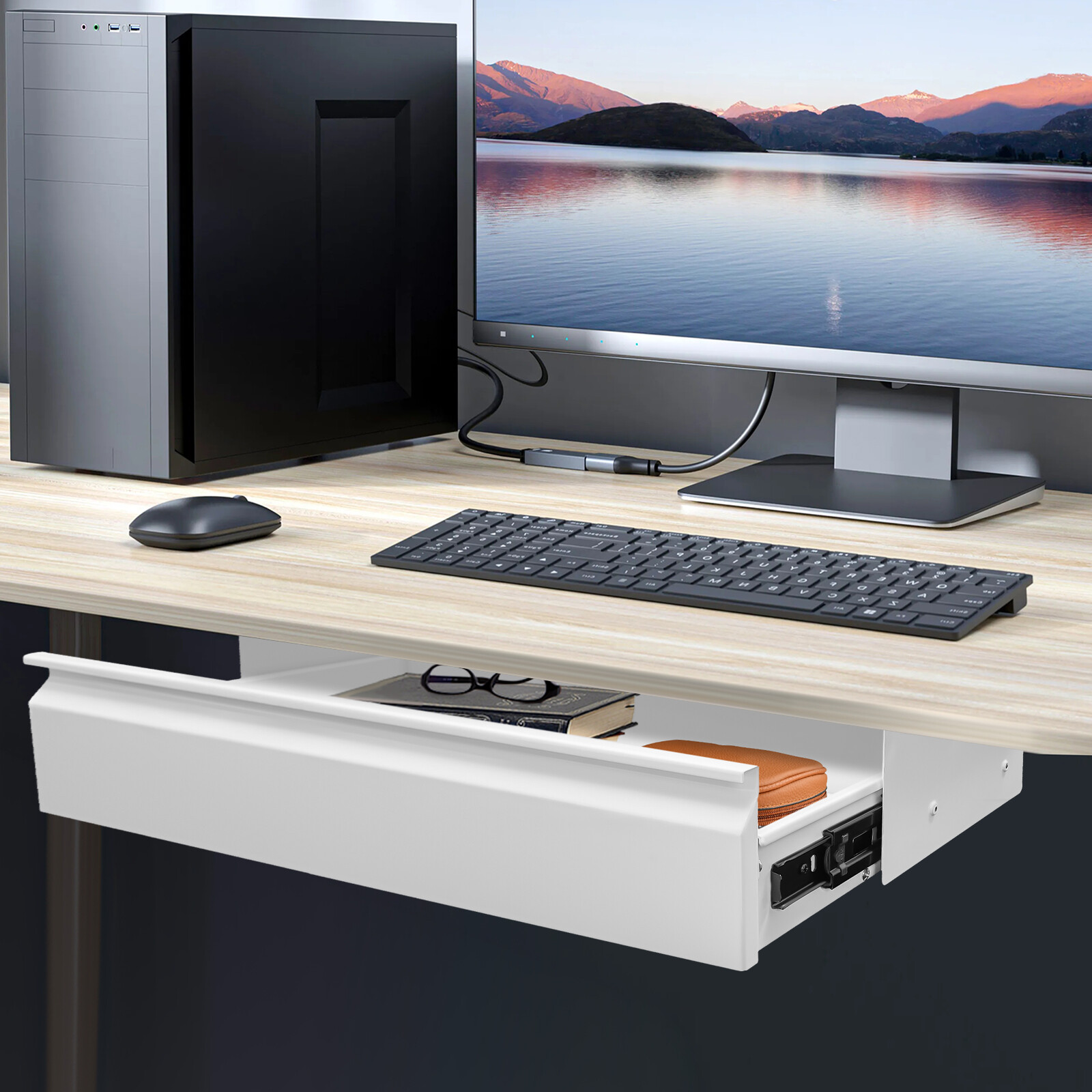 22" Desk Drawer Organizer Tray, Slide Out Office Under Desk Organizer Tray White