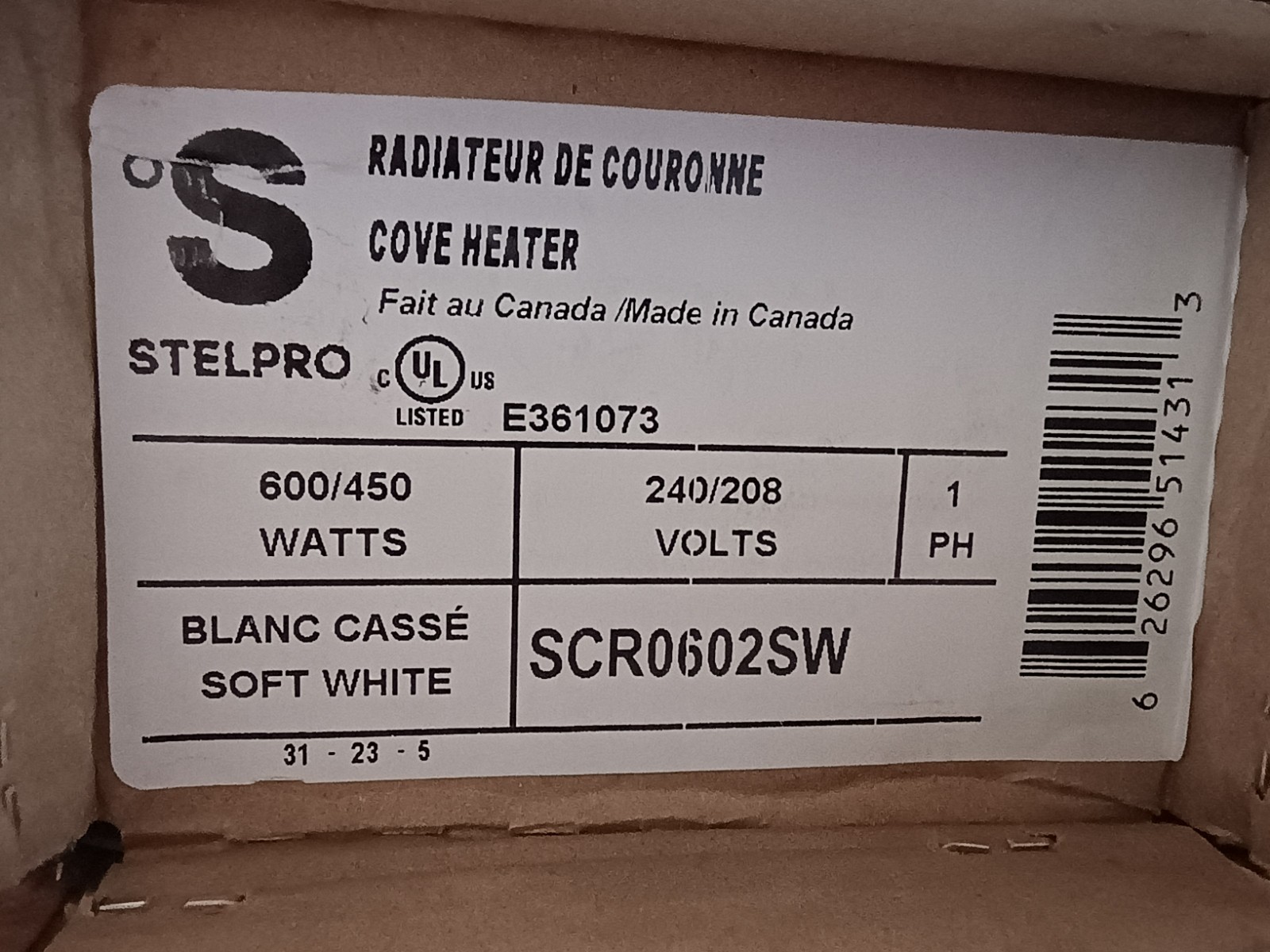 Stelpro Radiant Cove Heater, 600/450W, 240/208V, SCR0602SW. Soft White, 47"