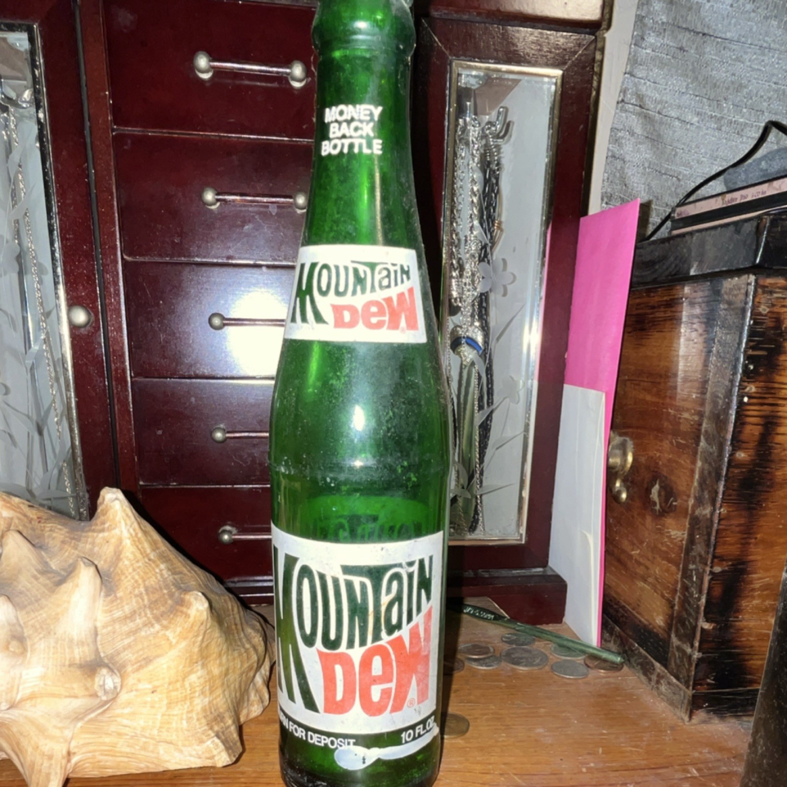 Mountain Dew Green Glass Collectible Soda Bottle Money Back 10 fl oz Advertising