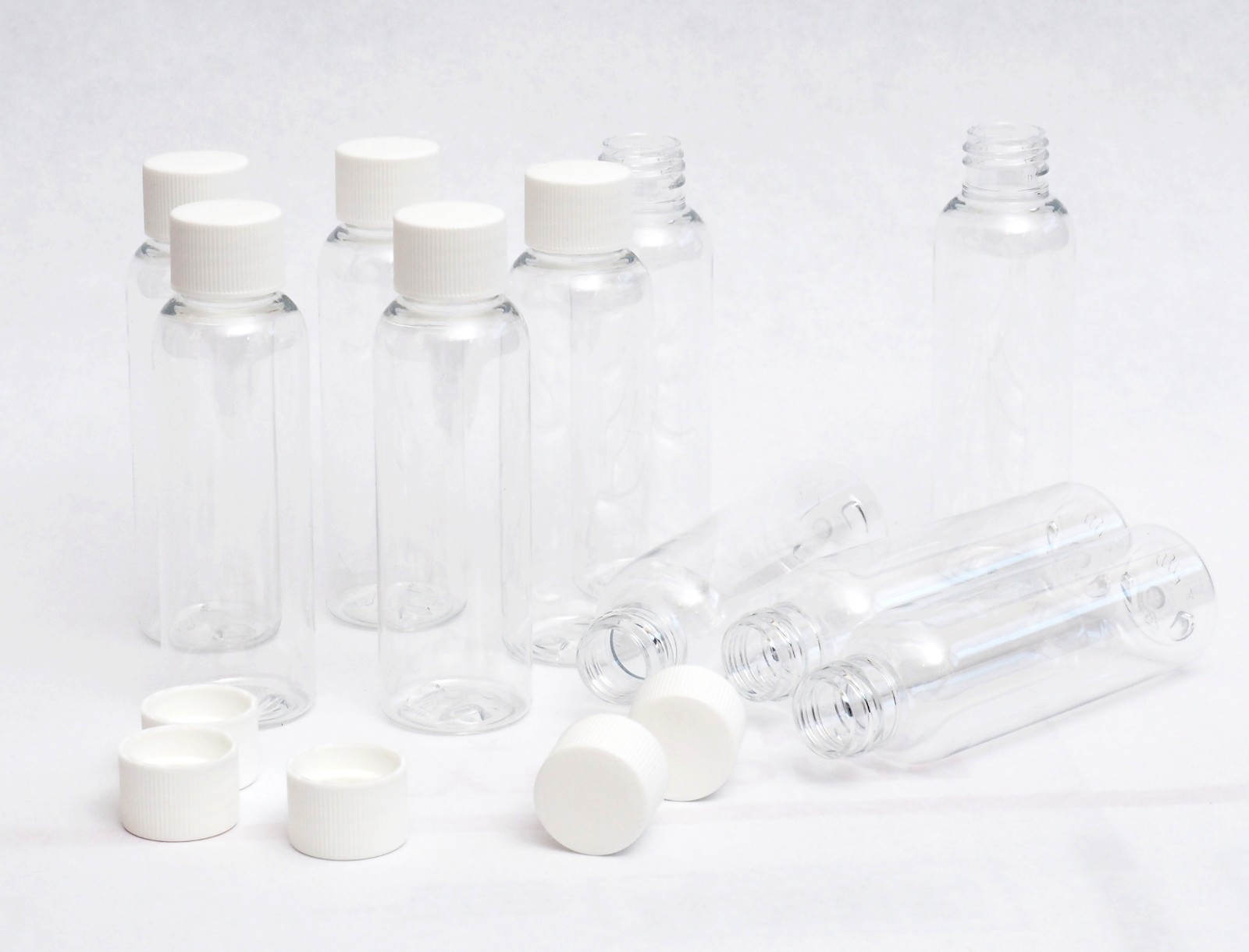 New 1 Oz Bullet Plastic CLEAR PET Bottles White Ribbed Lid travel size 10 PACK