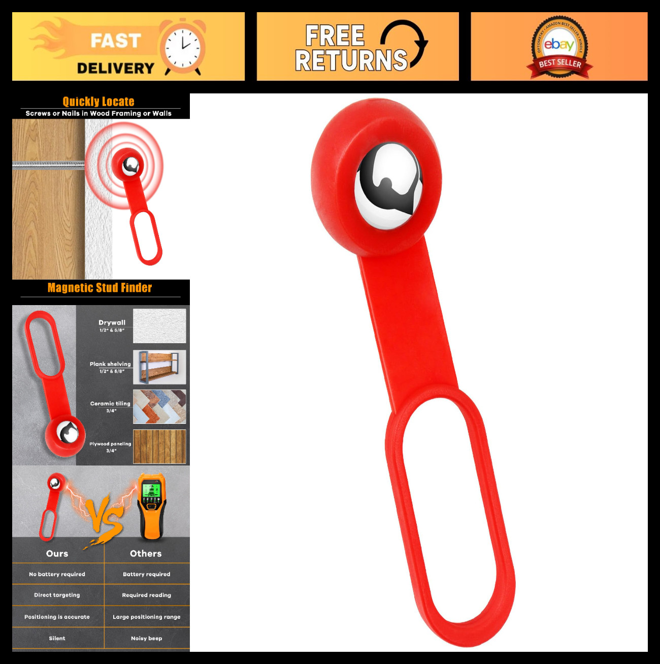 Powerful Magnetic Stud Finder - 27 lbs Pull, No Batteries, Detects Metal & Wood