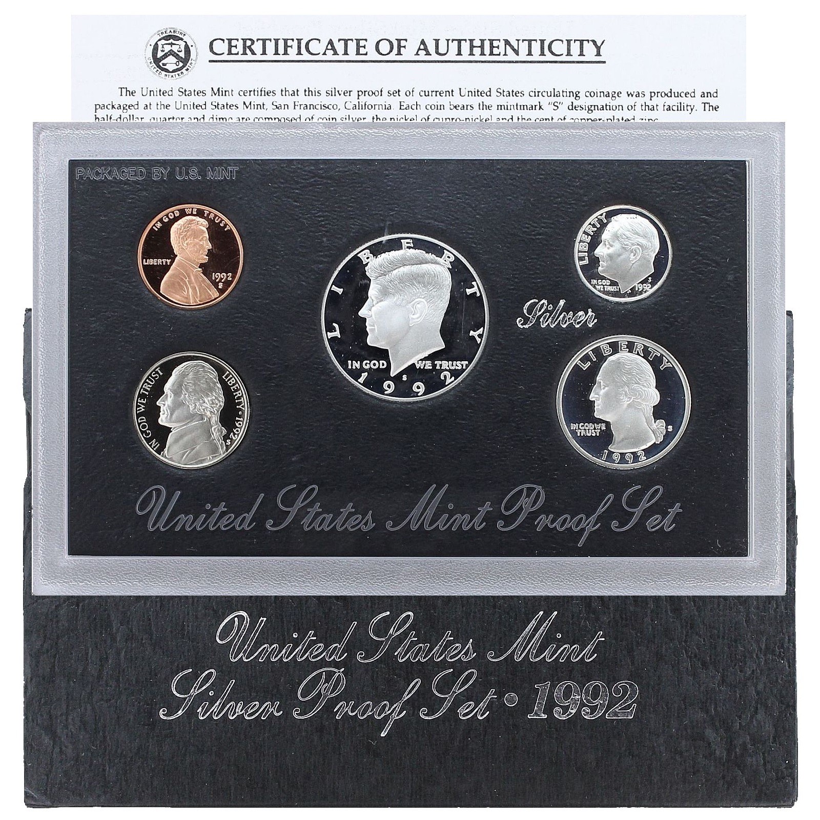 1992 S Proof Set Original Box & COA 5 Coins 90% Silver