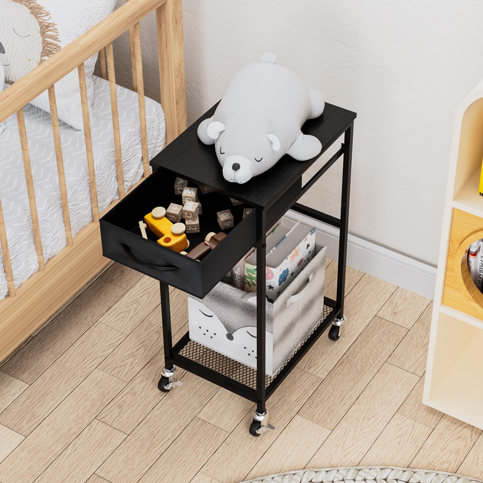 2 Tier PC Stand - Black Computer Tower Stand with Fabric Drawer, Modern Print...