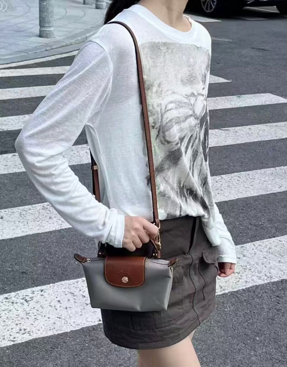 Longchamp Mini Crossbody Bag Paper gray Color With Strap