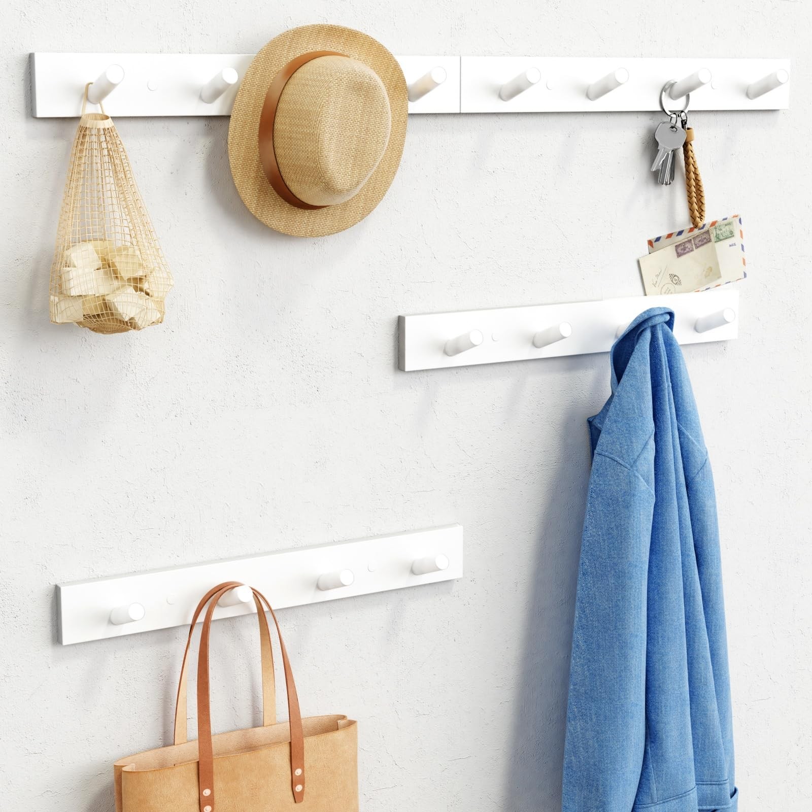 White Coat Hooks Wall Mount for Hanging 4 Pack, 16 Inch Wood Entryway Coat Ra...