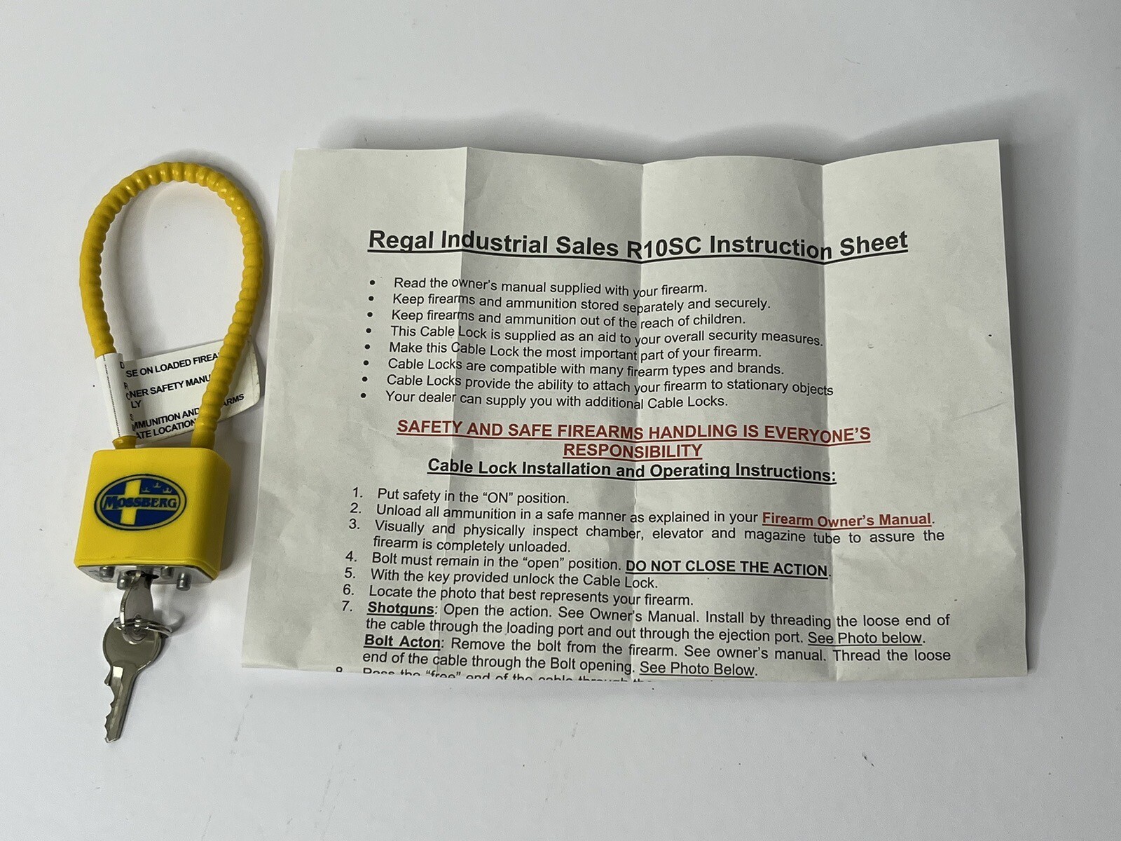 Mossberg Firearm Gun Safety Cable Lock Brand New R10SC3 8" Yellow 2 Keys