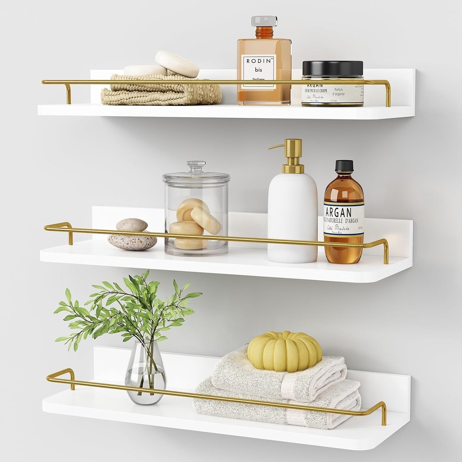 Gold Floating Shelves Wall Decor Set of 3 Bathroom Shelves Over Toilet Modern