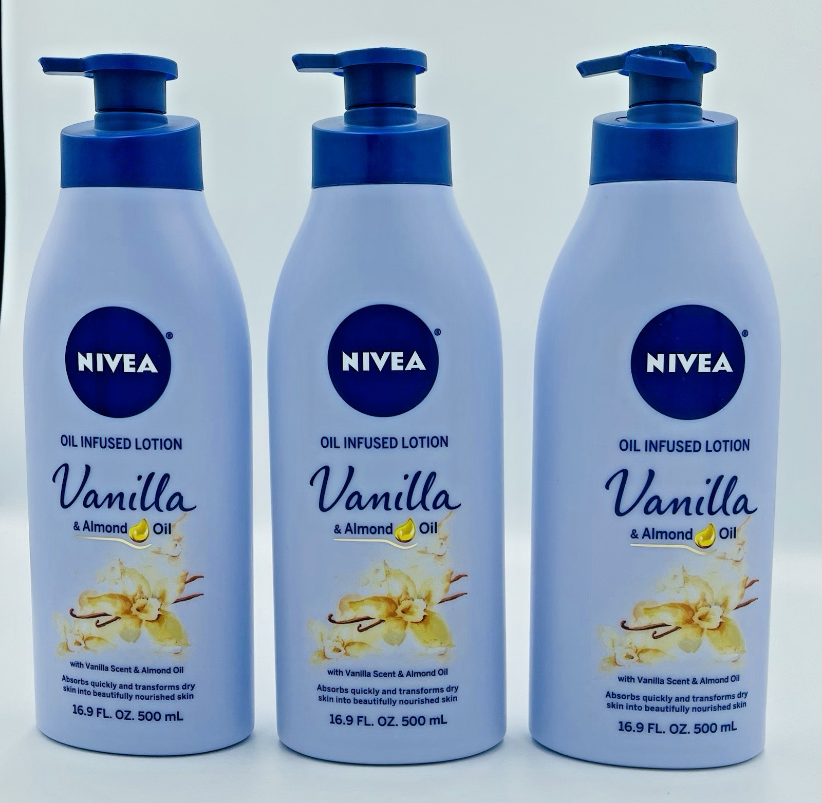 Lot of 3 Nivea Oil Infused Vanilla Almond Oil Body Lotion Moisturizer 16.9 oz Ea