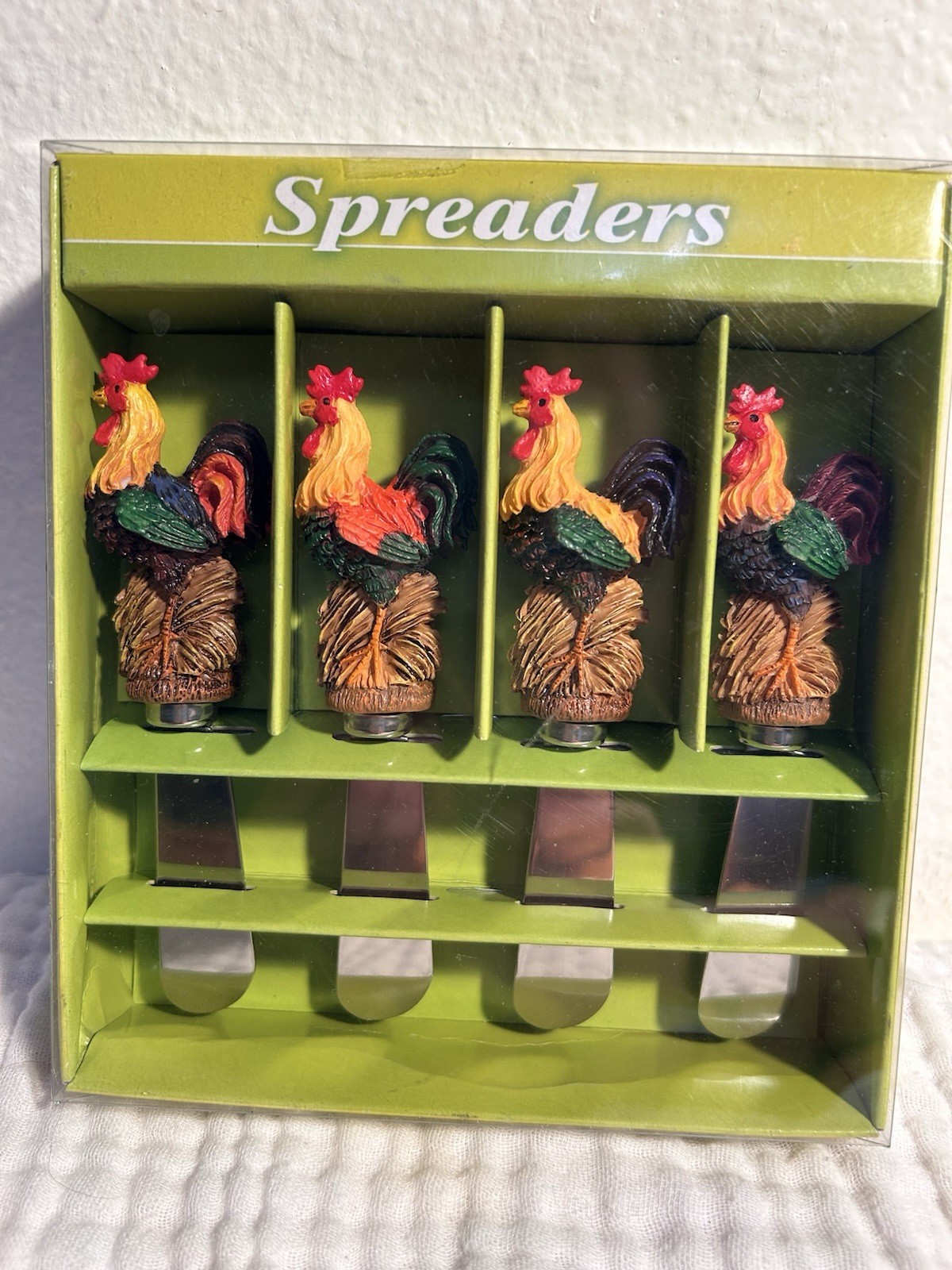Vintage Rooster top butter/cheese knifes original box never opened