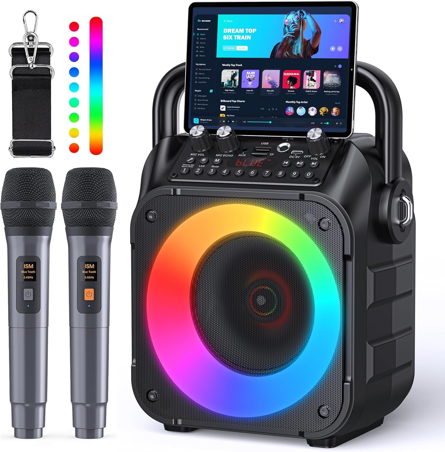 Portable Karaoke Machine Bluetooth Speaker w 2 Wireless Mics Lights PA