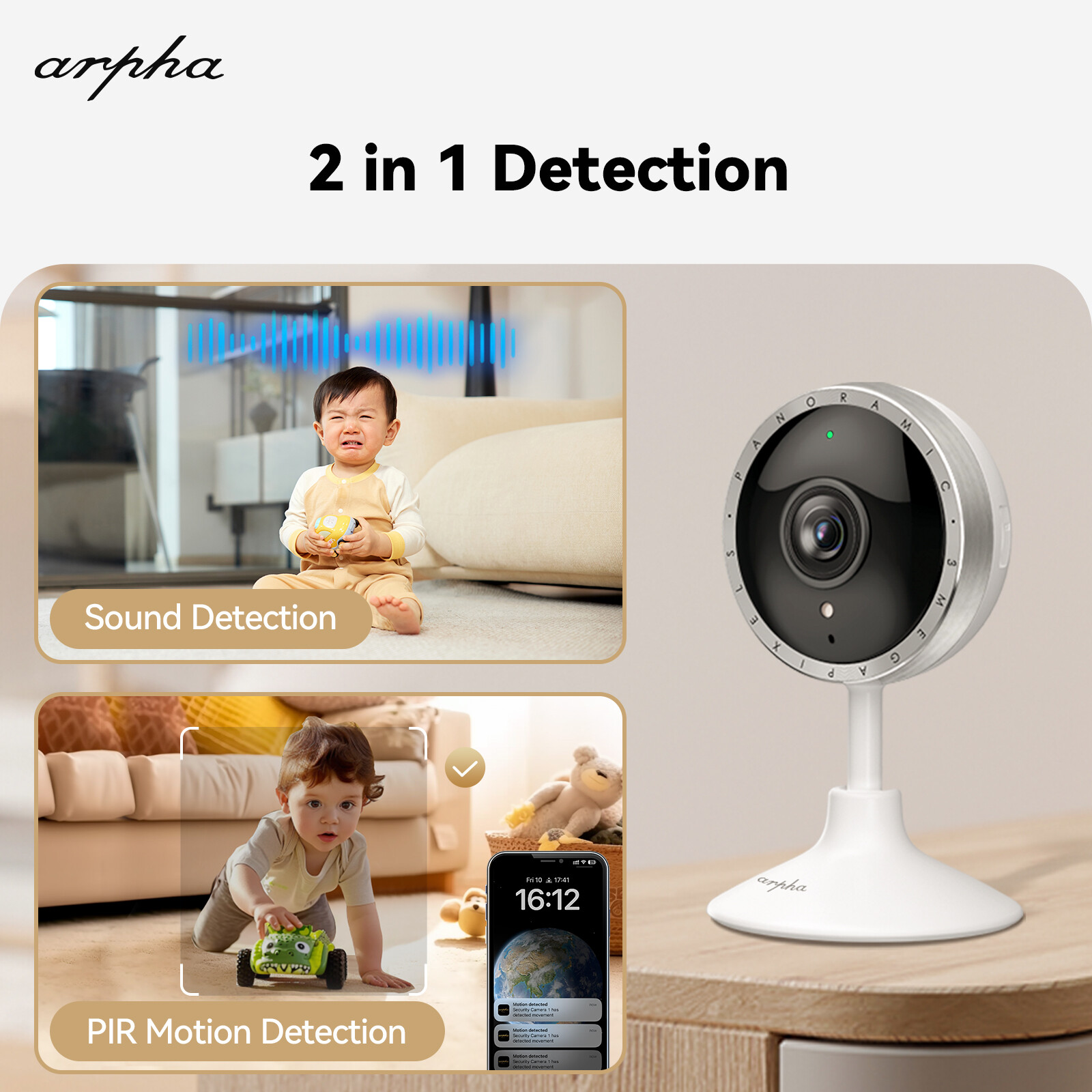 ARPHA 2K Indoor Security Camera WiFi Motion Sound Detection IR Night Vision 2Pcs